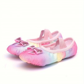 Elegant Gradient Color Bowknot Slip On Ballet Shoes For Girls, Anti Slip Soft Sole Dancing Shoes For Practice Performance, All Seasons