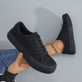 Unisex Black And White Canvas Sneakers: Low Top, Lace-Up, Rubber Soles, Breathable, Cartoon Pattern, Suitable for Ages 14 And Up, Perfect for Daily Casual Wear