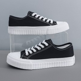 Unisex Black And White Canvas Sneakers: Low Top, Lace-Up, Rubber Soles, Breathable, Cartoon Pattern, Suitable for Ages 14 And Up, Perfect for Daily Casual Wear