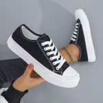 Unisex Black And White Canvas Sneakers: Low Top, Lace-Up, Rubber Soles, Breathable, Cartoon Pattern, Suitable for Ages 14 And Up, Perfect for Daily Casual Wear