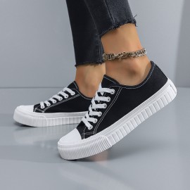 Unisex Black And White Canvas Sneakers: Low Top, Lace-Up, Rubber Soles, Breathable, Cartoon Pattern, Suitable for Ages 14 And Up, Perfect for Daily Casual Wear