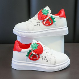 Girl's Embroidered Strawberry Pattern Skateboard Shoes, Comfy Non Slip Breathable Durable Sneakers For Kid's Outdoor Activities