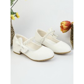 Girls Bowknot Jewelry Design Mary Jane Shoes, Chunky Heel Soft Sole Anti Slip Princess Shoes