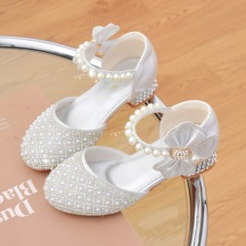 Trendy Elegant Pearl High Heel Shoes For Girls, Lightweight Non Slip Soft Bottom Dress Shoes For Performance Party, Spring And Fall