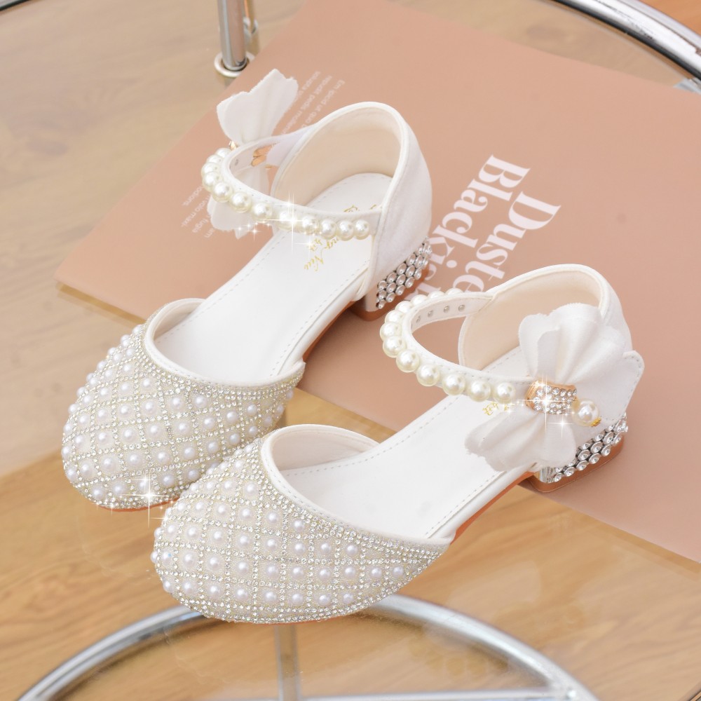 Trendy Elegant Bowknot Pearl Rhinestone High Heel Shoes For Girls, Breathable Non-slip Dress Shoes For Wedding Party, Spring Summer Autumn