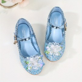 Girls Trendy Glitter Sequin High Heels Princess Shoes With Crystal Flower Decor, Children's Lightweight Non-slip Wedding Party Dress Shoes