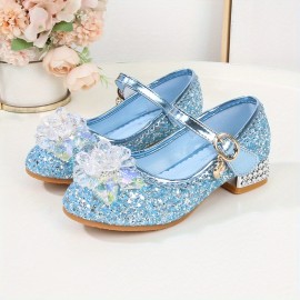 Girls Trendy Glitter Sequin High Heels Princess Shoes With Crystal Flower Decor, Children's Lightweight Non-slip Wedding Party Dress Shoes