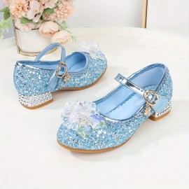 Girls Trendy Glitter Sequin High Heels Princess Shoes With Crystal Flower Decor, Children's Lightweight Non-slip Wedding Party Dress Shoes