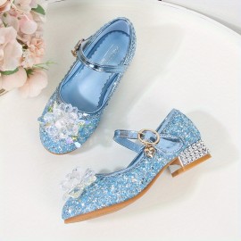 Girls Trendy Glitter Sequin High Heels Princess Shoes With Crystal Flower Decor, Children's Lightweight Non-slip Wedding Party Dress Shoes