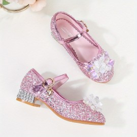 Girls Trendy Glitter Sequin High Heels Princess Shoes With Crystal Flower Decor, Children's Lightweight Non-slip Wedding Party Dress Shoes