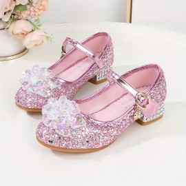 Girls Trendy Glitter Sequin High Heels Princess Shoes With Crystal Flower Decor, Children's Lightweight Non-slip Wedding Party Dress Shoes