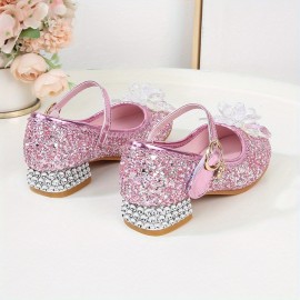 Girls Trendy Glitter Sequin High Heels Princess Shoes With Crystal Flower Decor, Children's Lightweight Non-slip Wedding Party Dress Shoes