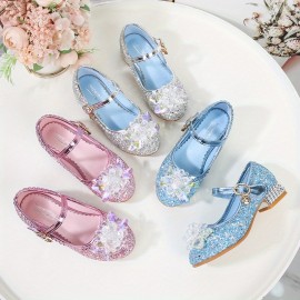 Girls Trendy Glitter Sequin High Heels Princess Shoes With Crystal Flower Decor, Children's Lightweight Non-slip Wedding Party Dress Shoes