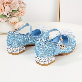 Girls Trendy Glitter Sequin High Heels Princess Shoes With Crystal Flower Decor, Children's Lightweight Non-slip Wedding Party Dress Shoes