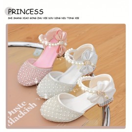 Trendy Elegant Bowknot Pearl Rhinestone High Heel Shoes For Girls, Breathable Non-slip Dress Shoes For Wedding Party, Spring Summer Autumn