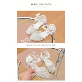 Trendy Elegant Bowknot Pearl Rhinestone High Heel Shoes For Girls, Breathable Non-slip Dress Shoes For Wedding Party, Spring Summer Autumn