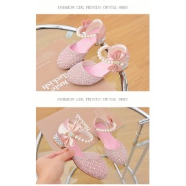 Trendy Elegant Bowknot Pearl Rhinestone High Heel Shoes For Girls, Breathable Non-slip Dress Shoes For Wedding Party, Spring Summer Autumn