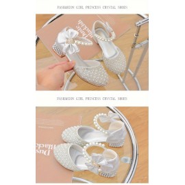 Trendy Elegant Bowknot Pearl Rhinestone High Heel Shoes For Girls, Breathable Non-slip Dress Shoes For Wedding Party, Spring Summer Autumn