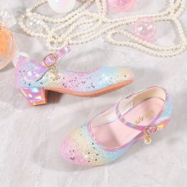 Trendy Cute Shiny Sequin High Heel Shoes For Girls, Lightweight Non-slip Dress Shoes For Performance Party