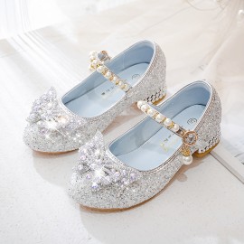 Trendy Elegant Sequin Pearl Bowknot High Heel Shoes For Girls, Lightweight Non Slip Soft Bottom Dress Shoes For Performance Party, Spring 8308c-2