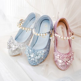 Trendy Elegant Sequin Pearl Bowknot High Heel Shoes For Girls, Lightweight Non Slip Soft Bottom Dress Shoes For Performance Party, Spring 8308c-2