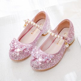 Trendy Elegant Sequin Pearl Bowknot High Heel Shoes For Girls, Lightweight Non Slip Soft Bottom Dress Shoes For Performance Party, Spring 8308c-2