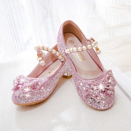 Trendy Elegant Sequin Pearl Bowknot High Heel Shoes For Girls, Lightweight Non Slip Soft Bottom Dress Shoes For Performance Party, Spring 8308c-2