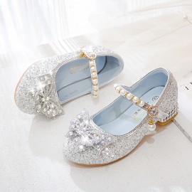 Trendy Elegant Sequin Pearl Bowknot High Heel Shoes For Girls, Lightweight Non Slip Soft Bottom Dress Shoes For Performance Party, Spring 8308c-2