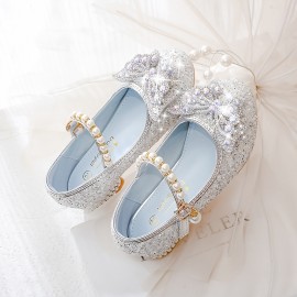 Trendy Elegant Sequin Pearl Bowknot High Heel Shoes For Girls, Lightweight Non Slip Soft Bottom Dress Shoes For Performance Party, Spring 8308c-2