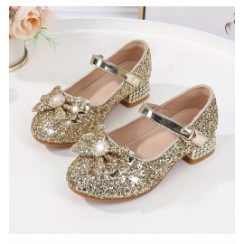 Girls Trendy Shiny Pearl Bow Tie Pumps With Buckle Strap, Dress Up Shoes With Assorted Colors