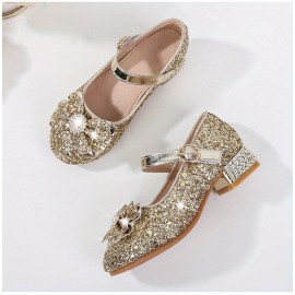 Girls Trendy Shiny Pearl Bow Tie Pumps With Buckle Strap, Dress Up Shoes With Assorted Colors