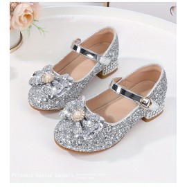 Girls Trendy Shiny Pearl Bow Tie Pumps With Buckle Strap, Dress Up Shoes With Assorted Colors