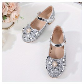 Girls Trendy Shiny Pearl Bow Tie Pumps With Buckle Strap, Dress Up Shoes With Assorted Colors