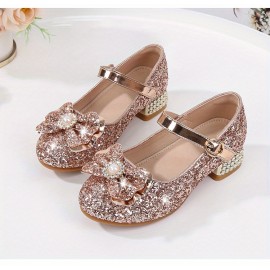 Girls Trendy Shiny Pearl Bow Tie Pumps With Buckle Strap, Dress Up Shoes With Assorted Colors