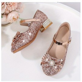 Girls Trendy Shiny Pearl Bow Tie Pumps With Buckle Strap, Dress Up Shoes With Assorted Colors