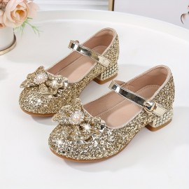 Girls Trendy Shiny Pearl Bow Tie Pumps With Buckle Strap, Dress Up Shoes With Assorted Colors