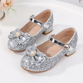 Girls Trendy Shiny Pearl Bow Tie Pumps With Buckle Strap, Dress Up Shoes With Assorted Colors