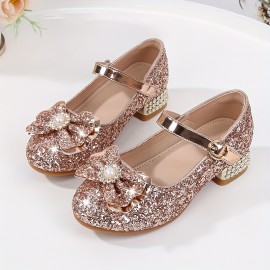 Girls Trendy Shiny Pearl Bow Tie Pumps With Buckle Strap, Dress Up Shoes With Assorted Colors