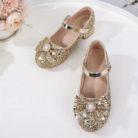 Girls Trendy Shiny Pearl Bow Tie Pumps With Buckle Strap, Dress Up Shoes With Assorted Colors