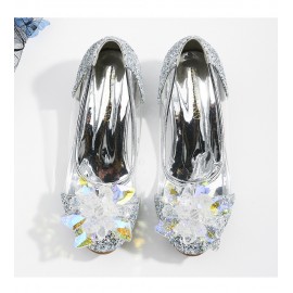 Girls Crystal Glass Flower High Heel Princess Shoes For Wedding Party