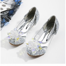 Girls Crystal Glass Flower High Heel Princess Shoes For Wedding Party