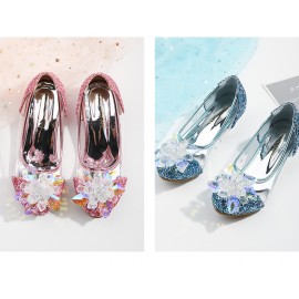 Girls Crystal Glass Flower High Heel Princess Shoes For Wedding Party