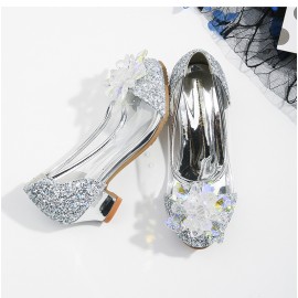 Girls Crystal Glass Flower High Heel Princess Shoes For Wedding Party