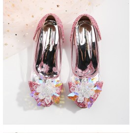 Girls Crystal Glass Flower High Heel Princess Shoes For Wedding Party