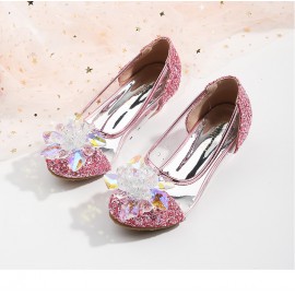 Girls Crystal Glass Flower High Heel Princess Shoes For Wedding Party