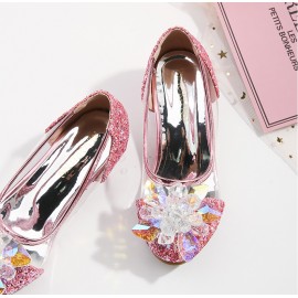 Girls Crystal Glass Flower High Heel Princess Shoes For Wedding Party