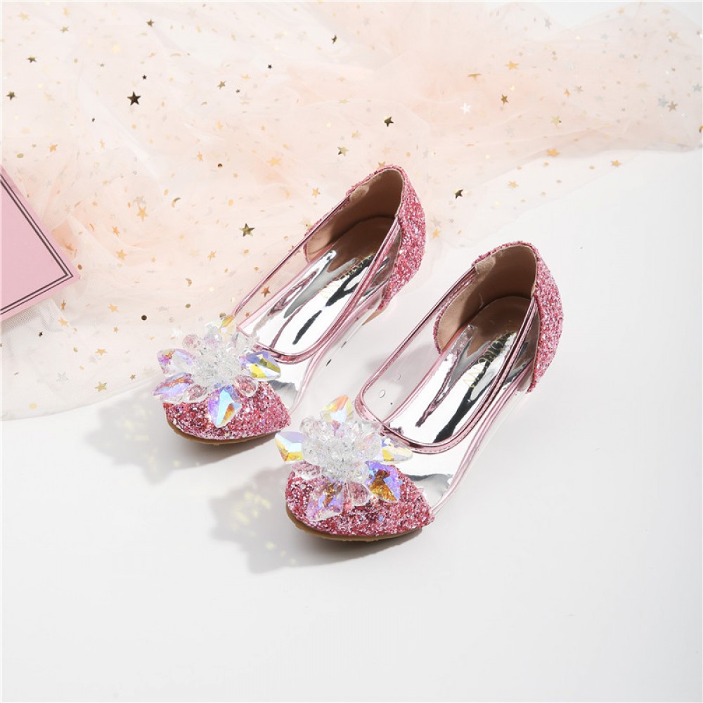 Girls Crystal Glass Flower High Heel Princess Shoes For Wedding Party