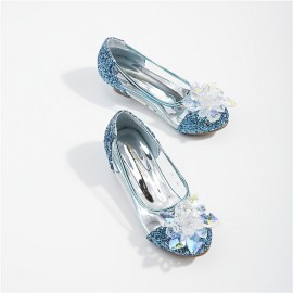 Girls Crystal Glass Flower High Heel Princess Shoes For Wedding Party