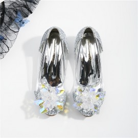 Girls Crystal Glass Flower High Heel Princess Shoes For Wedding Party