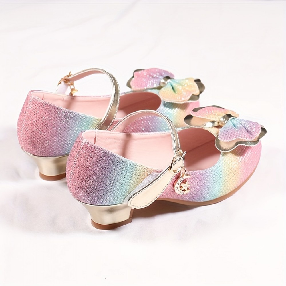 Trendy Cute Bowknot Rainbow Color High Heel Shoes For Girls, Lightweight Non Slip Soft Bottom Dress Shoes For Vacation Wedding Party, All Seasons